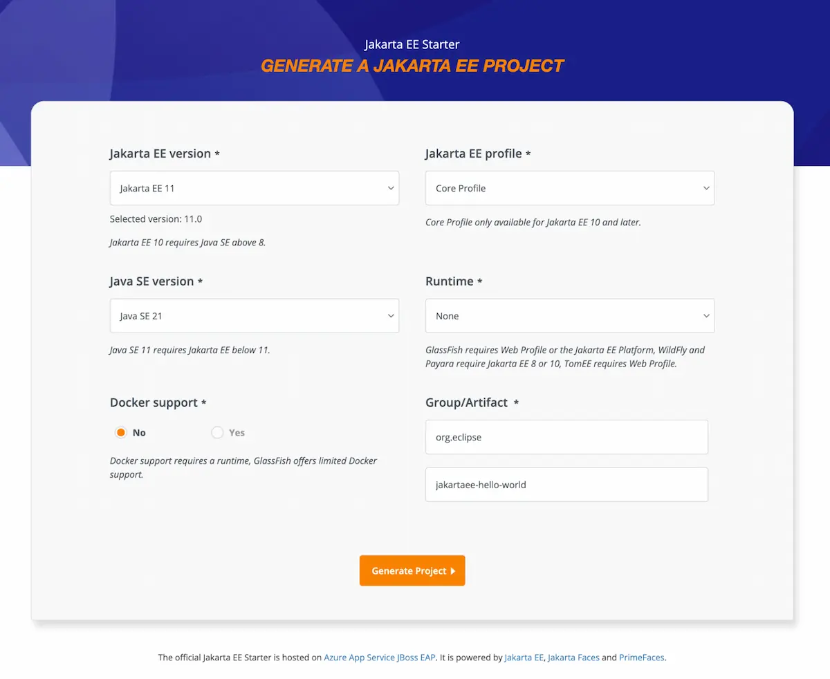 The Jakarta EE Starter UI showing options to generate a Jakarta EE project.